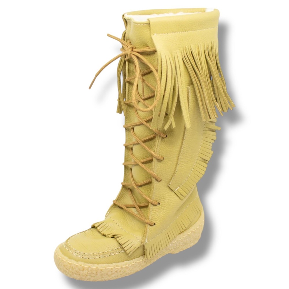 Vintage Shearling Fringe Moccasin Boots Womens 8‎ Tan Deerskin Leather Canada